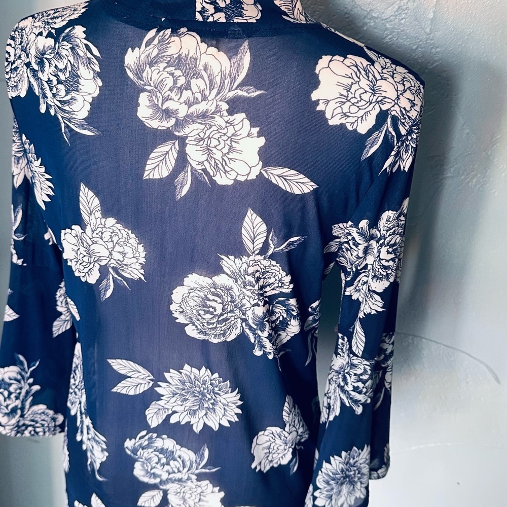 Blue and White Tie Front Blouse with Cut Out Details - Picture 3 of 5